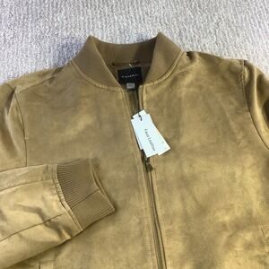 Tahari Mens Faux Leather Bomber Jacket Camel Tan Ribbed Collar Cuffs Size M‎ NWT